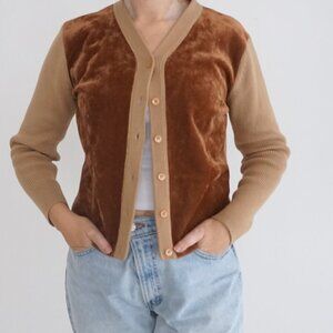 Vintage Quick Reflex Tan Brown Knit Velvet-Like Button Up Cardigan Sweater M